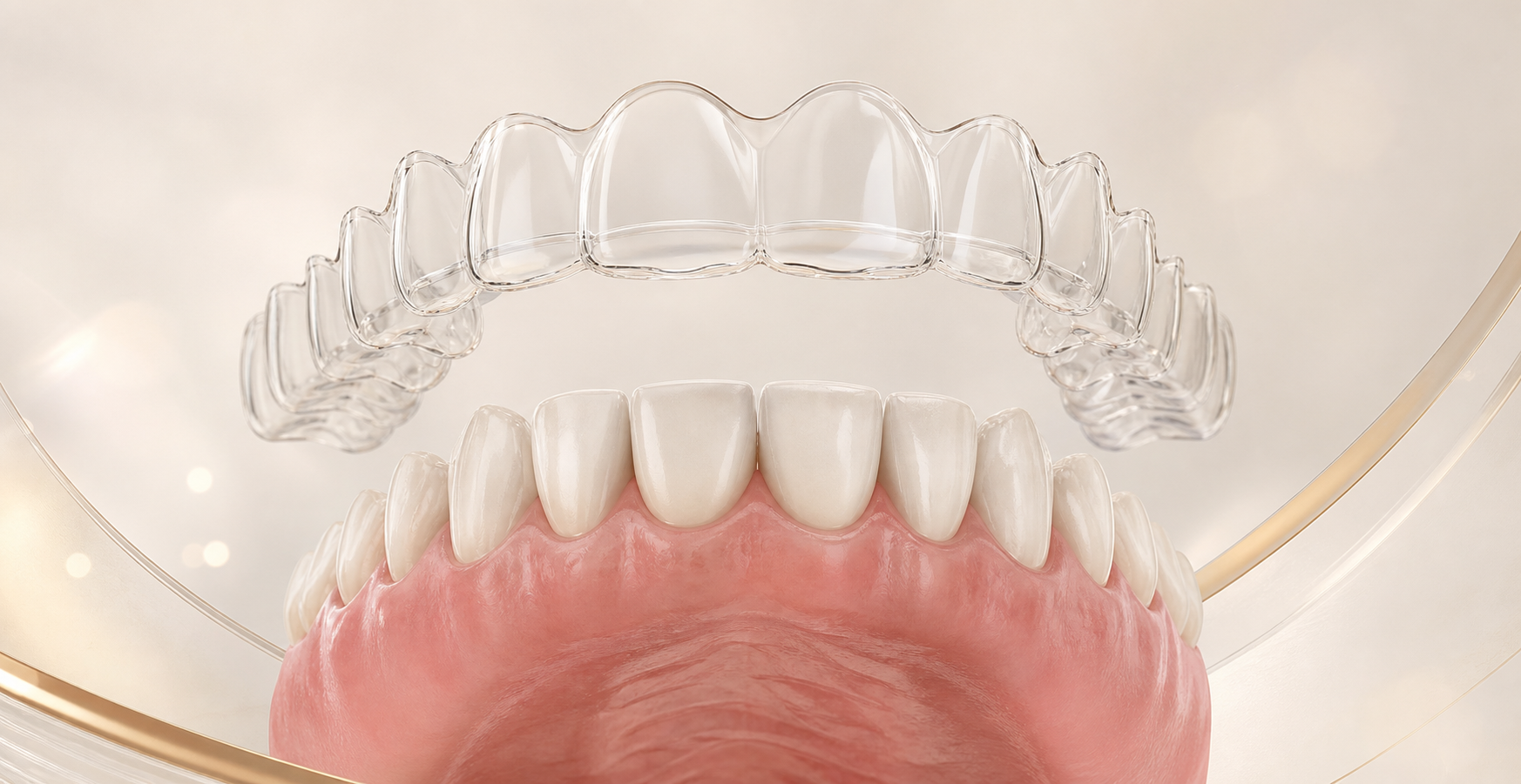 Educational illustration of a transparent clear aligner above a dental arch