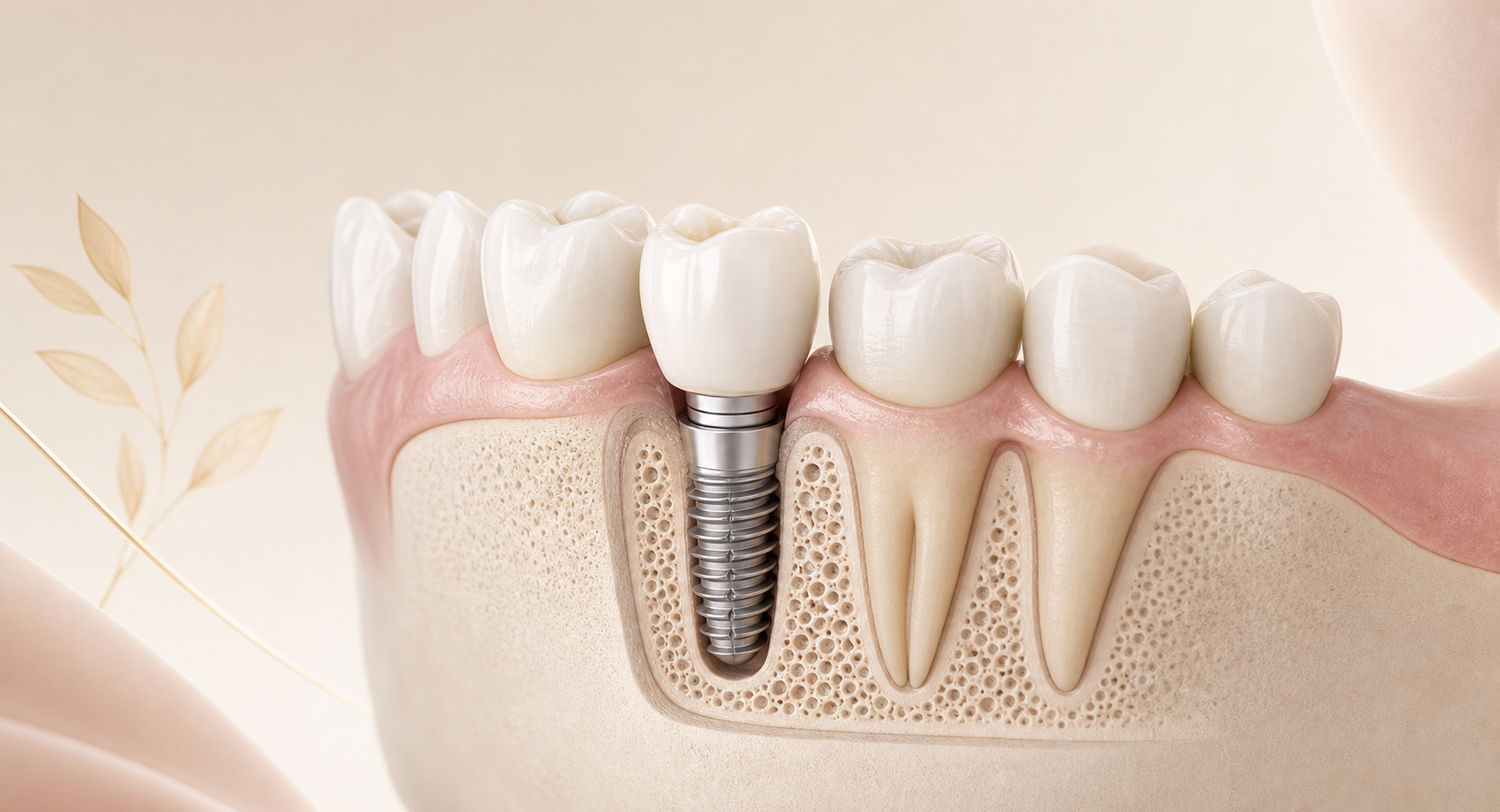 Educational illustration of a dental implant supporting a ceramic crown